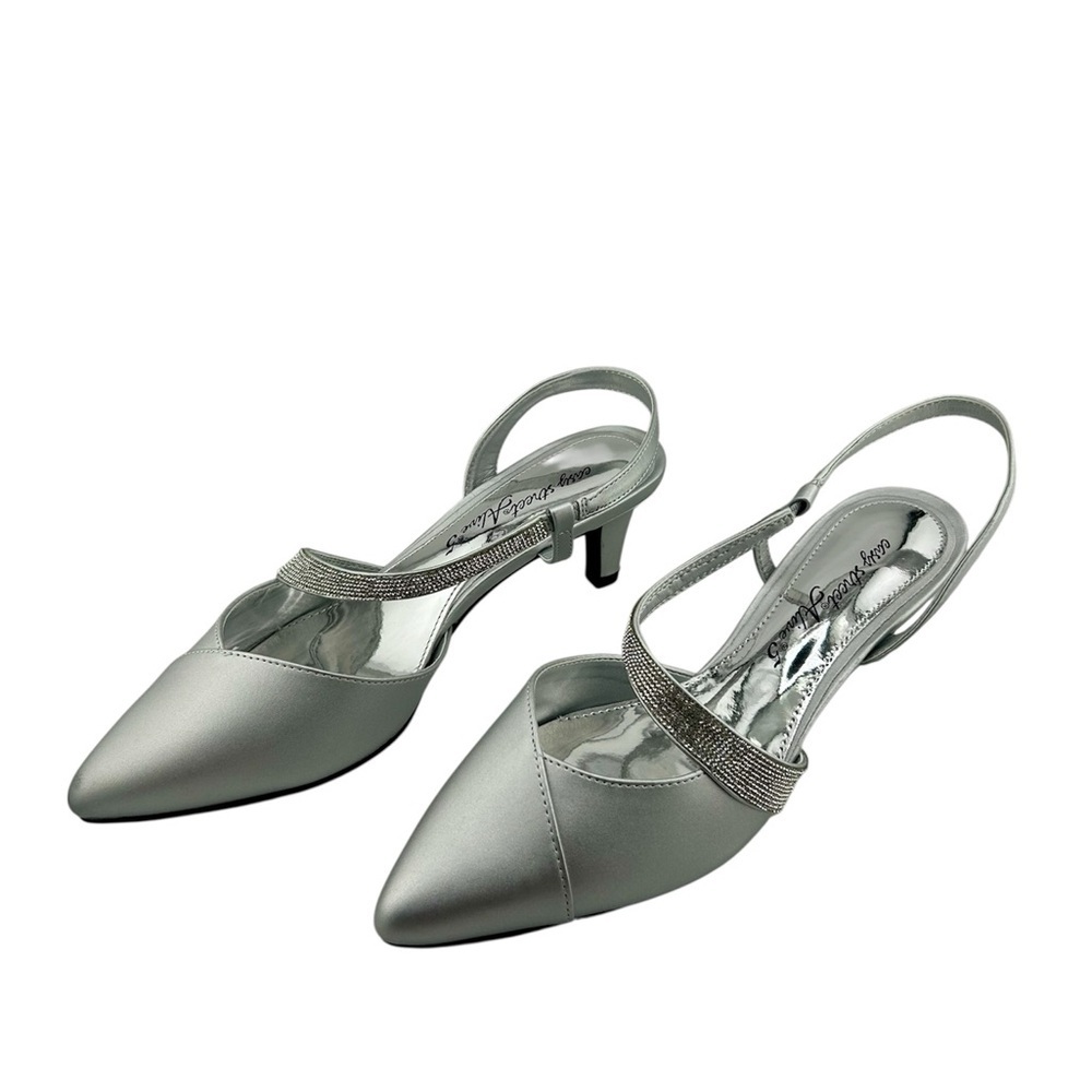 Easy Street “Emerald” Silver Satin Heels – Size 7.5 WW – Rhinestone Strap - Picture 3 of 7
